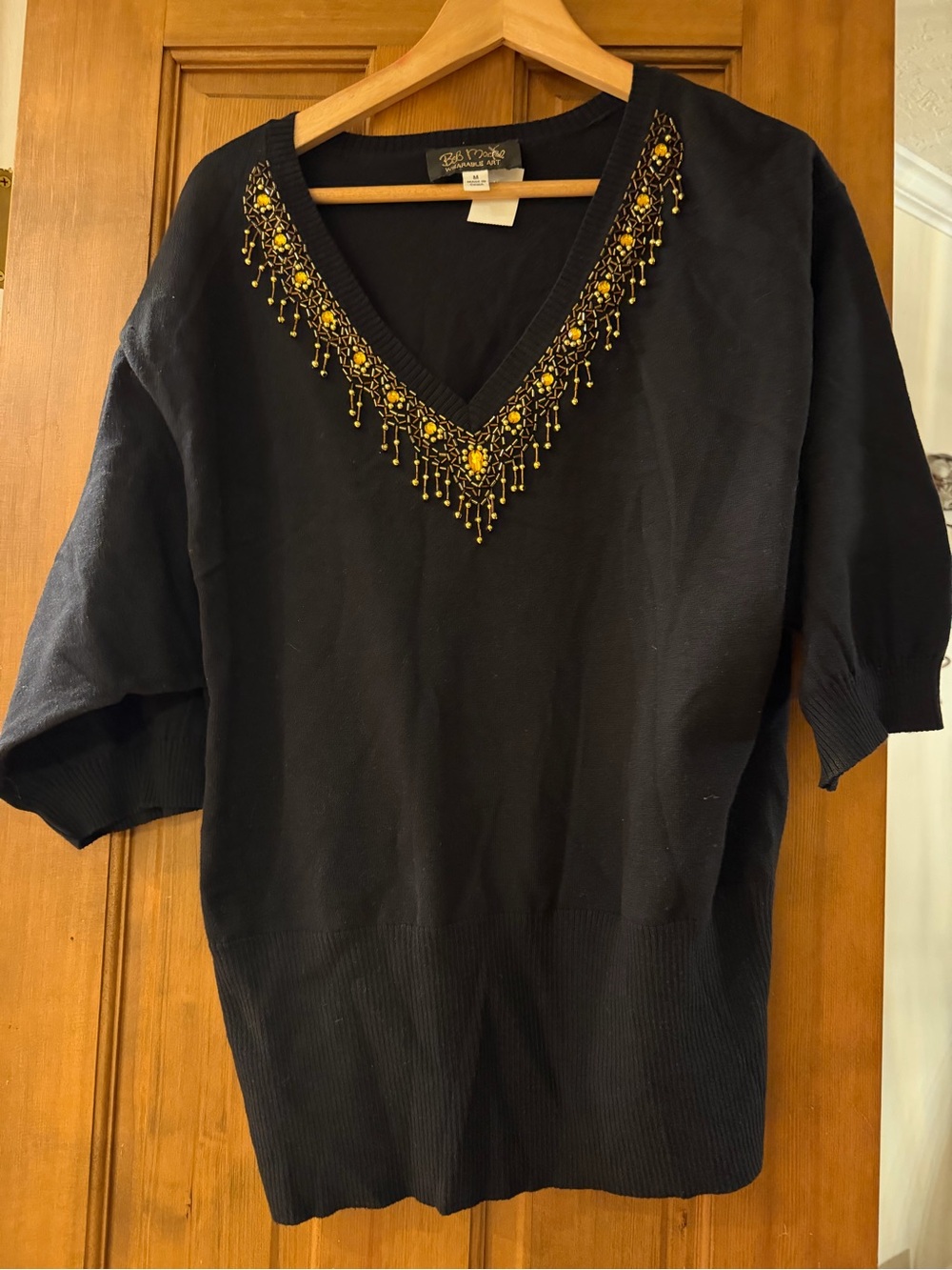 Bob Mackie Black V-Neck Short-Sleeve Top with Gold Bead Embellishment